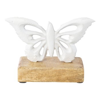Aluminium butterfly on wooden base, 15x10x5cm, weiss