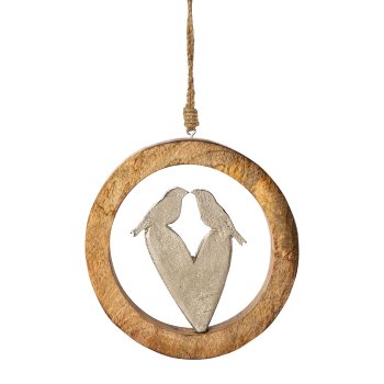 Mango Holz Ring m.Alu Herz/Vögeln Hänger, 20x20x2,5cm, silber