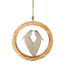 Mango wood ring w.aluminium heart/birds hanger, 24x24x2,5c,m, silver