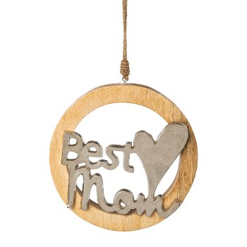 Mango wood ring w.Alu BEST MUM hanger, 20x20x2,5cm, silver