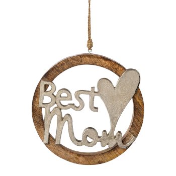 Mango wood ring w.Alu BEST MUM hanger, 25x25x2,5cm, silver