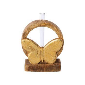 Mango Holz Ring m.Alu Schmetterling m.Reagenzglas, 15x12x5cm, gold