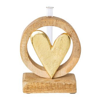 Mango wood ring w.alu heart w.test tube, 15x12x5cm, gold