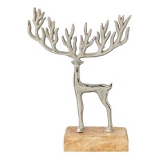 Aluminum deer MAMMUTGEWEIH on mango wooden plate, 23x17x5cm, silver