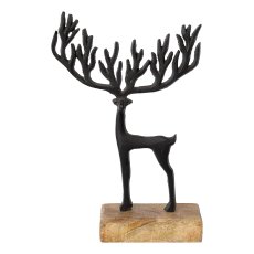 Aluminum deer MAMMUTGEWEIH on mango wooden plate, 23x17x5cm, black