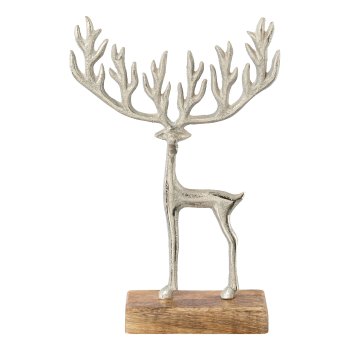 Aluminum deer MAMMUTGEWEIH on mango wooden plate, 28x22x5cm, silver
