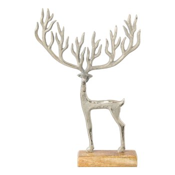 Aluminum deer MAMMUTGEWEIH on mango wooden plate, 32x26x5cm, silver