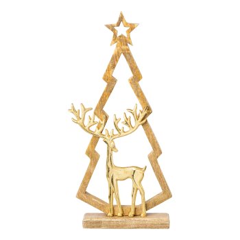Mango wood tree w.aluminum deer on plate, 50x25x7cm, gold