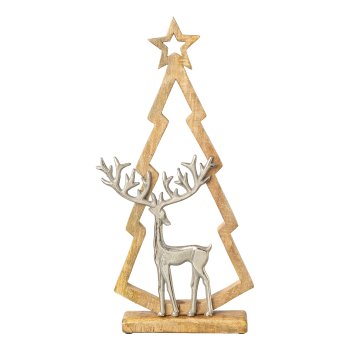 Mango wood tree w.aluminum deer on plate, 50x25x7cm, silver