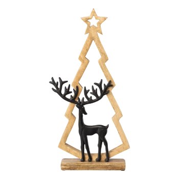 Mango Holz Baum m.Aluminium Hirsch auf Platte, 50x25x7cm, schwarz
