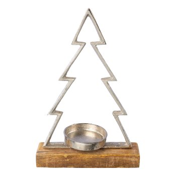 Aluminum tree/tealight holder on mango wooden plate, 28x18x8cm, silver