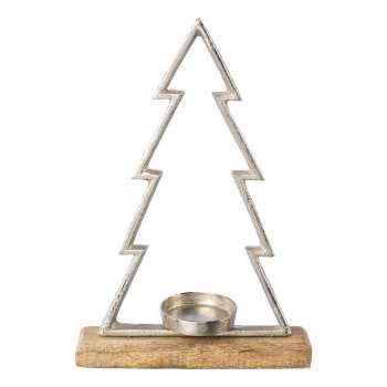 Aluminum tree/tealight holder on mango wooden plate, 34x23x8cm, silver