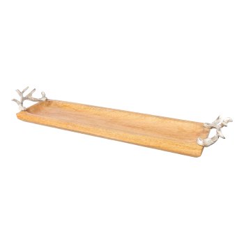 Mango wood bowl w.aluminum antler handles, 67x15x9cm, silver
