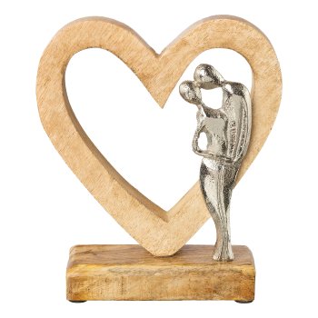 Mango Holzherz auf Fuß m.Aluminium Liebespaar, 19x16x5cm, silber