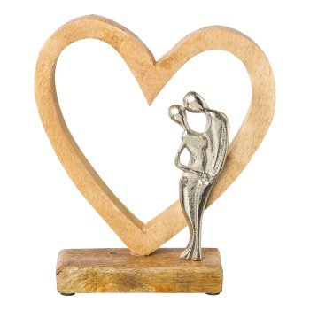 Mango wooden heart on base with aluminium lovers, 22x22x6cm, silver