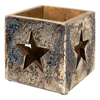 Mango wood lantern w.star motif silver foiled, 13x13x13cm, silver