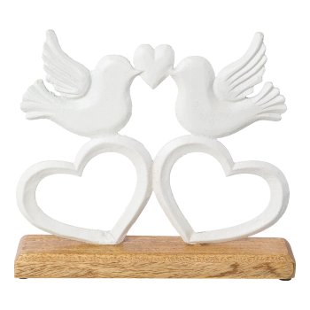 Aluminium Vogelpaar auf Herz auf Fuss, 26x3x5cm, weiß