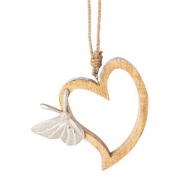 Mango wood heart w.butterfly, 15x13x3cm, silver