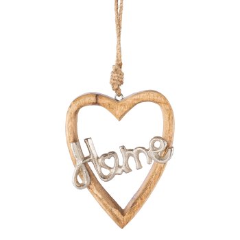 Mango wood heart hanger HOME, 14x10x3cm, silver