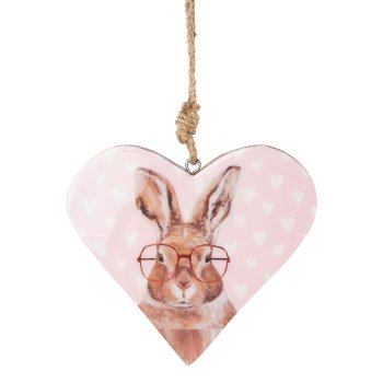 Mango Holz Herz Hänger m.Hasen Sticker, 15x15x2cm, rosa