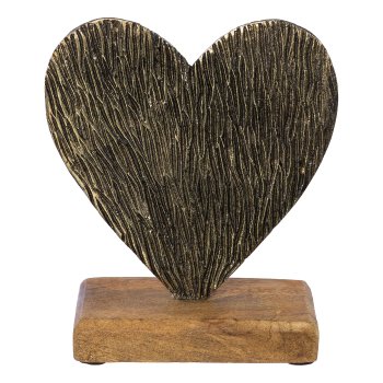 Aluminum heart w.structure on wood base ESBJERG, 11x10x5cm, black gold