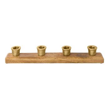 Aluminum 4 candle holder on wooden plate, 38x6x5cm, gold