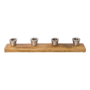 Aluminum 4 candle holder on wooden plate, 38x6x5cm, silver