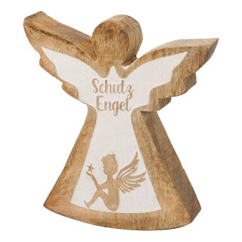 Wooden angel standing with guardian angel motif, 12x10x2,5, white