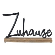 Aluminium Schriftzug "Zuhause" auf Holzfuß, 35,5x21x5cm, Schwarz