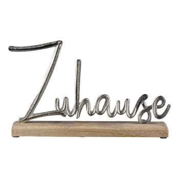 Aluminium Schriftzug "Zuhause" auf Holzfuß, 35,5x21x5cm, Silber