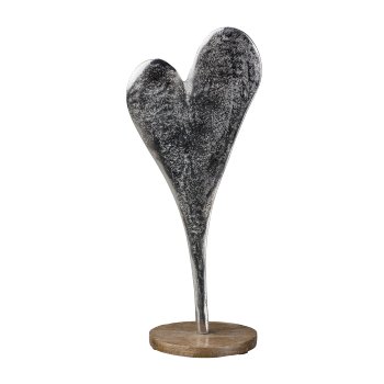 Aluminium Herz auf Holzfuß, 30x13x10cm, Silber
