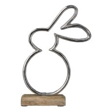 Aluminium Hase auf Holzfuß, 22x14x5cm, Silber