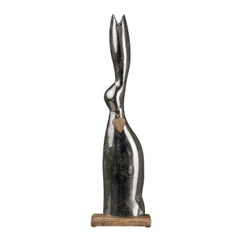 Aluminium Hase mit Herz auf Holzfuß, 63x15x10cm, Silber