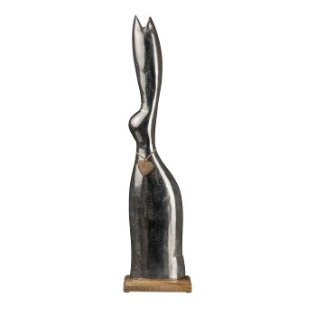 Aluminium Hase mit Herz auf Holzfuß, 71x17,5x10cm, Silber