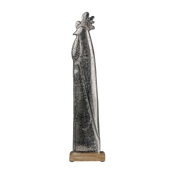 Aluminium Rooster on Wooden Base, 53x13x8cm, Silver