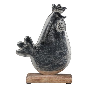 Aluminium Chicken on Wooden Base, 23x16x7,5cm, Silver