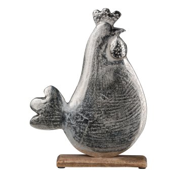 Aluminium Chicken on Wooden Base, 32x23x7,5xm, Silver