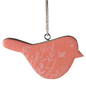 Mango Wooden Bird Hanger Enamel Finish Laser Design, 10x6,5x2cm, Salmon