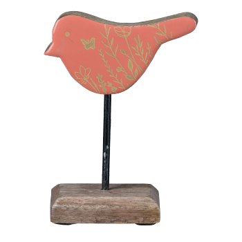 Mango Wooden Bird on Wooden Base Enamel Finish, 14,5x11x5cm, Salmon