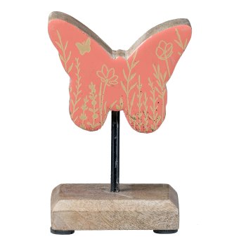 Mango Wood Butterfly on Wood Base Enamel Finish, 15x9x5cm, Salmon