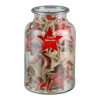 Wooden star, hanger, Christmas lettering 3 assorted, 48/glass, 5x5cm, red