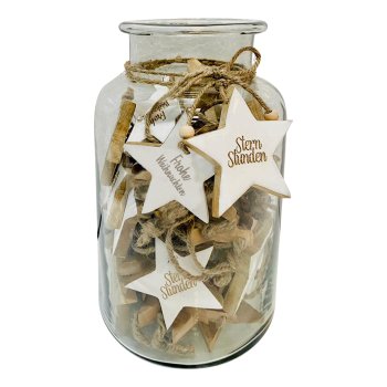Wooden star hanger, Christmas lettering, 3 assorted, 48/glass, 5x5cm, white