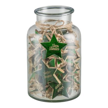 Wooden star, hanger, Christmas lettering 3 assorted, 48/glass, 5x5cm, dark green