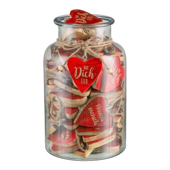 Holz Herzhänger, Weihnachtsschriftzug, 3fa.so., 60 im Glas, 5x5cm, rot