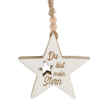 Wooden star, hanger, enamel, w.lettering 8x8x1cm, white
