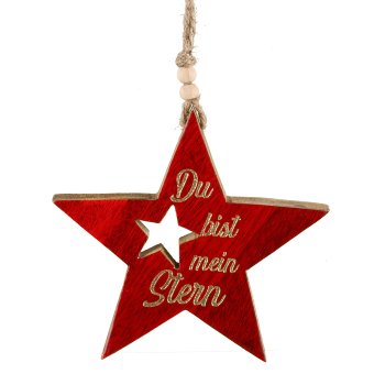 Wooden star, hanger, enamel, w.lettering 15x15x1,5cm, red