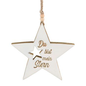 Wooden star, hanger, enamel, w.lettering 15x15x1,5cm, white