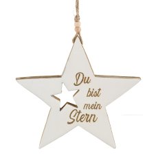 Wooden star, hanger, enamel, w.lettering 20x20x1,5cm, white