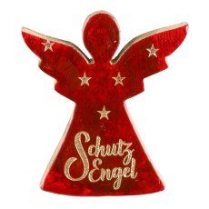 Wooden angel, standing, enamel, w.lettering 15x14x2,5cm, red