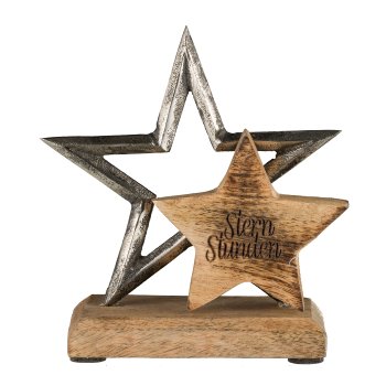Aluminium star, on base, with wooden star 11x11x5cm, silver